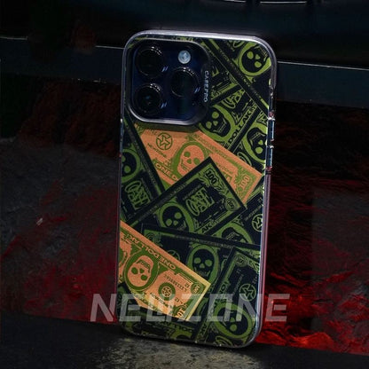 エンボス加工シリーズ - スカル紙幣 シルバー ホットスタンプ フルカバー 耐衝撃 iPhoneケース
