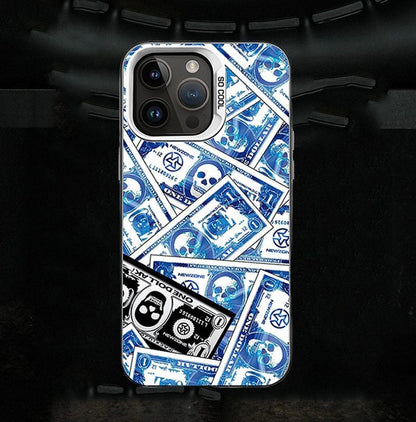 エンボス加工シリーズ - スカル紙幣 シルバー ホットスタンプ フルカバー 耐衝撃 iPhoneケース